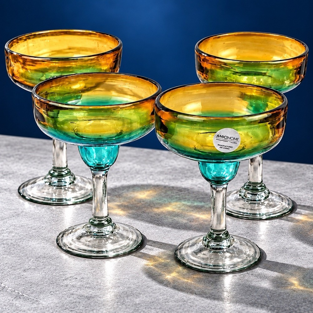 Amici Home Margarita Glasses Set of 4 Amber Aqua Hand Blown Recycled Mexico